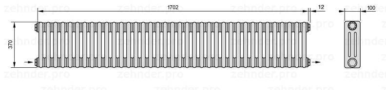 Схема (чертеж) Радиатор Zehnder Charleston 3037/37 №2670 Белый глянцевый RAL 9016